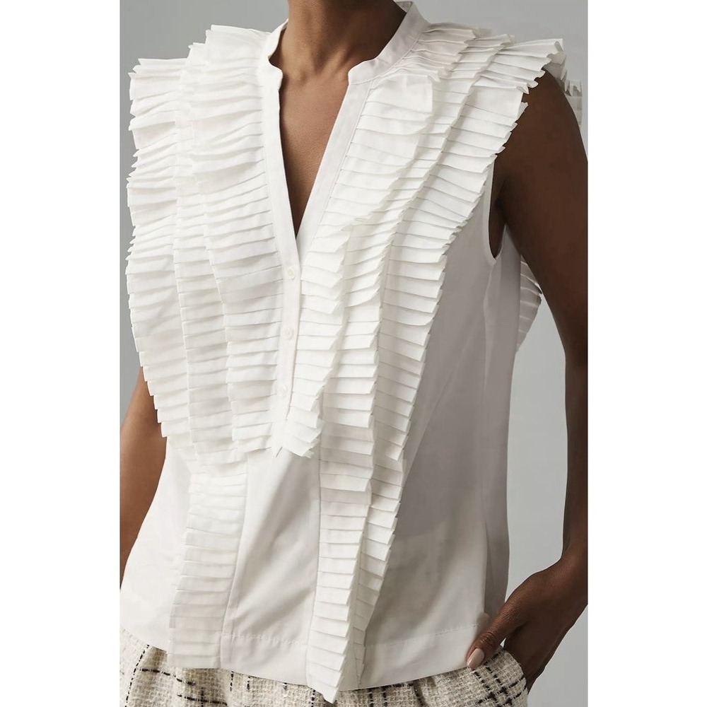 Maeve Anthropologie White Sleeveless Ruffled Blouse Large New